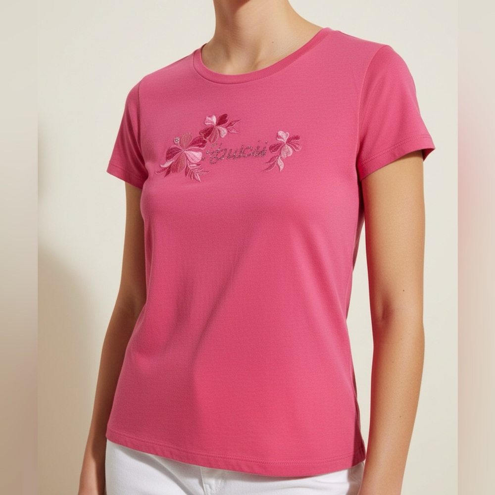 Pink Embroidered Flowers and Hawaii Text Women's Top T-shirt